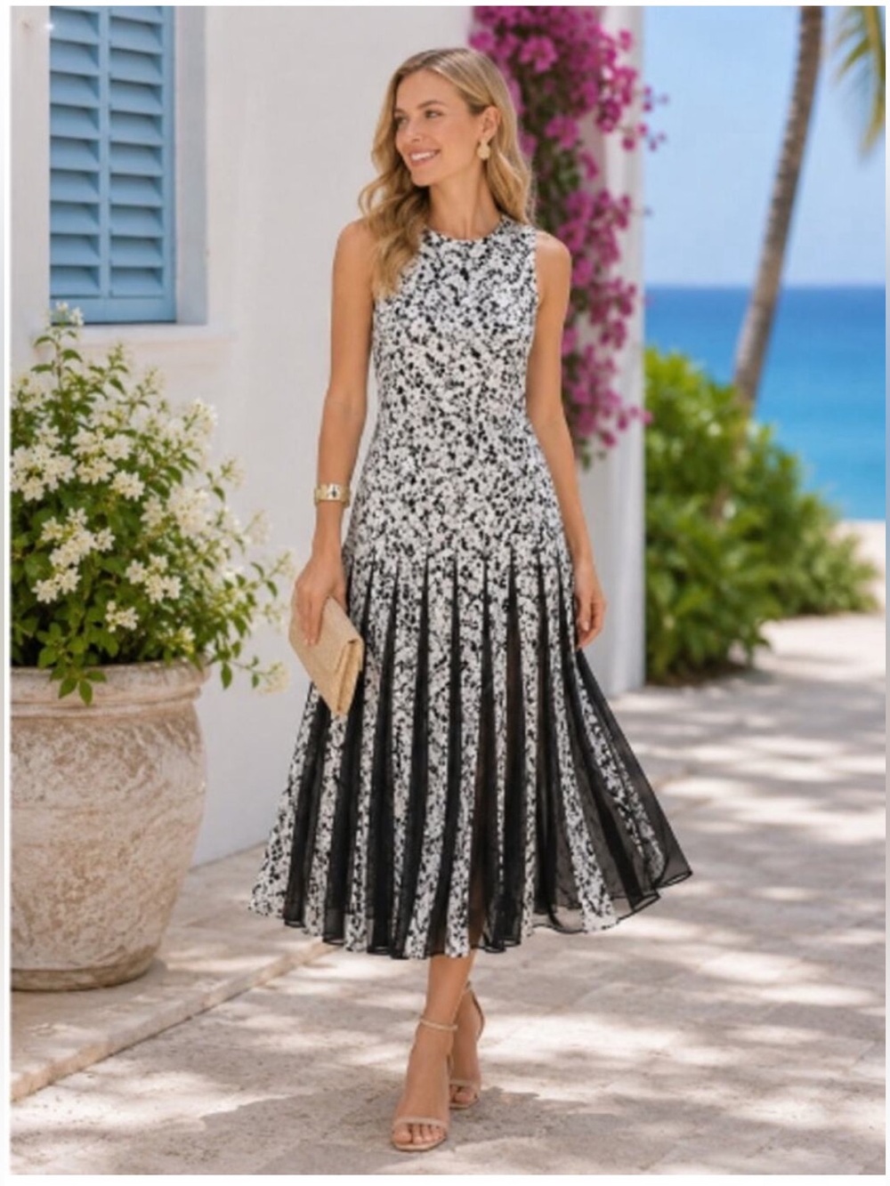 Tuckernuck Gray Gardens Andi Dress Size 8 Black White Floral Pleated Maxi NWT